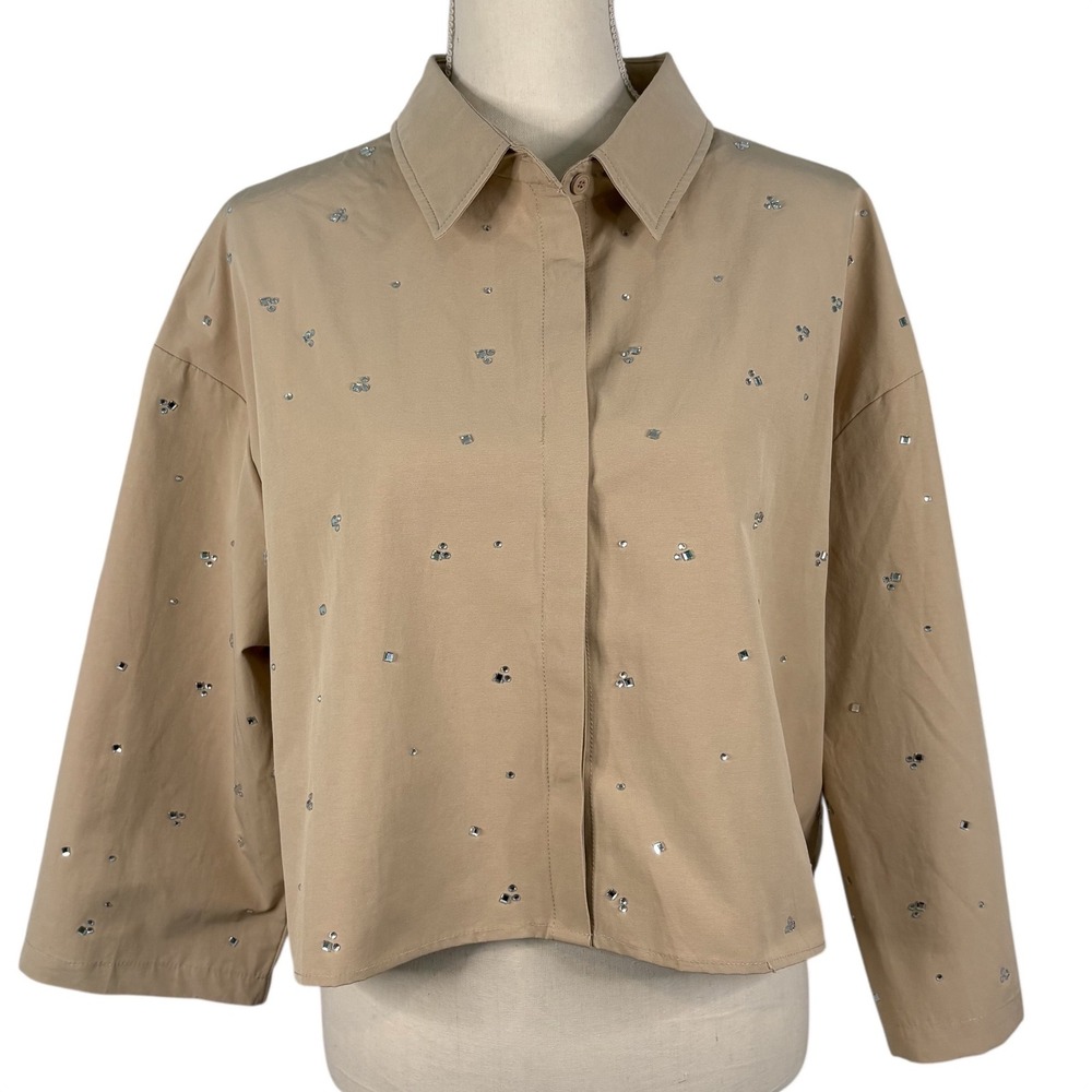 Aleeza Paris Sand‎ Rhinestone Embellished Cropped Blouse Bubble Set Top XL NEW